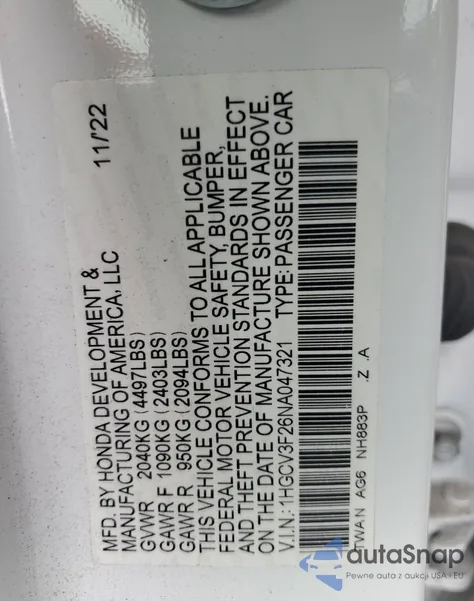 2022 Honda Accord Hybrid Sport из США, поврежденный, VIN 1HGCV3F26NA047321